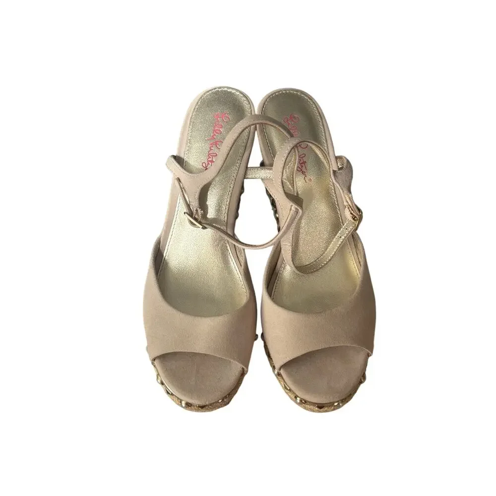 Lilly Pulitzer Hadley Espadrille Wedge Sandals Womens US 9 Beige Pearl Studded